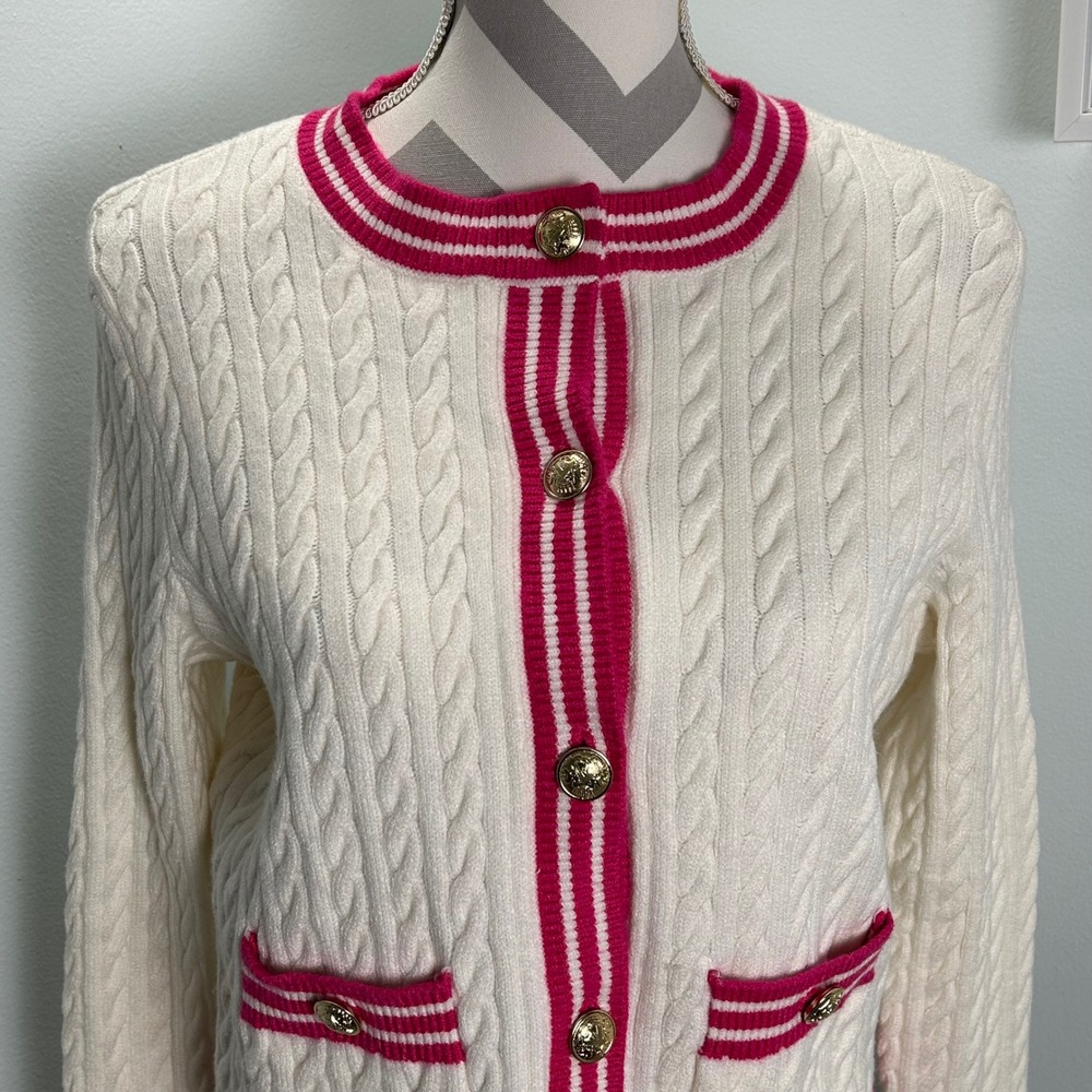 Marled Cream & Pink Cardigan Sweater Women's Small Cable Knit Gold Buttons - Picture 3 of 8